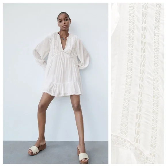 Zara | Dresses | Nwt Zara White Viscose Mini Dress With Lace